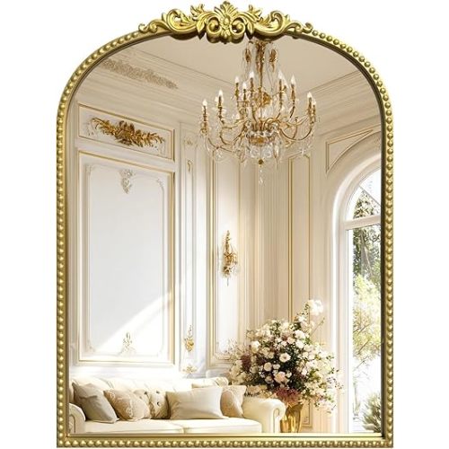 Antique Gold Mirror Baroque Ornate Wall Mirror 24x32 Inch, Metal Frame Beaded Vintage Arched Retro Gold Carved Wall Mirror Decor for Fireplace, Living Room, Entryway, Bathroom