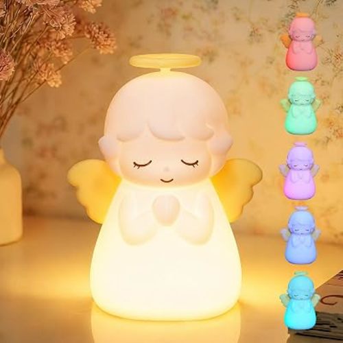 Angel Night Light, Cute Guardian Silicone Lamp with 3 Level Warm Light and RGB Changing, Timer, Nighttime Care Portable Kawaii Bedside Baptism Gifts for Prayer, Toddler, Boys and Girls
