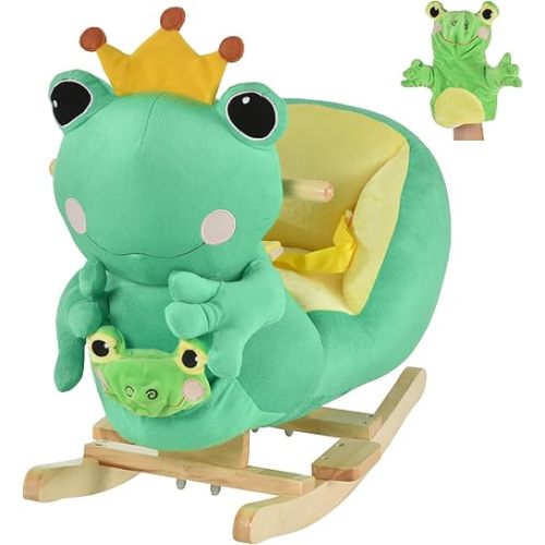 Qaba Kids Ride-On Rocking Horse Toy Frog Style Rocker with Fun Music, Seat Belt & Soft Plush Fabric Hand Puppet for Children 18-36 Months