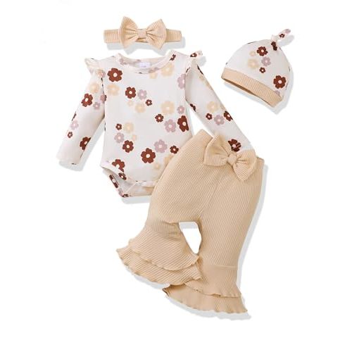 Renotemy Preemie Newborn Baby Girl Clothes Infant Romper Fall Winter Outfits Gifts for Girls Cute Bell Bottoms Pant Sets