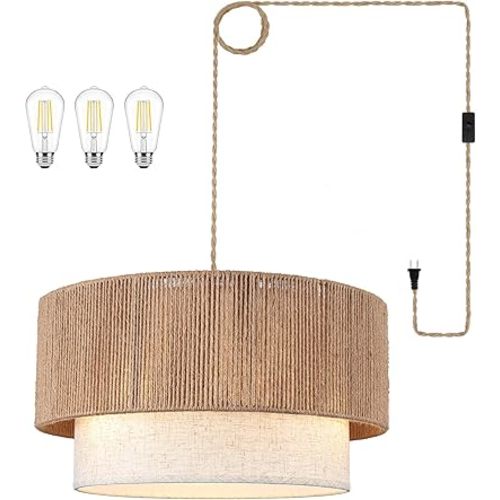 Plug in Pendant Light, 18" Rattan Plug in Chandelier with Linen Fabric Shade, E26 On/Off Switch, Plug in Hanging Pendant Light for Dining Room Living Room Kitchen Foyer