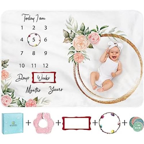 Monthly Baby Milestone Blanket for Baby Girl | Baby Monthly Milestone Blanket Large with Milestone Cards | Perfect Baby Age Blanket to Record Baby Milestones | Neutral Baby Blanket (60" x 40")