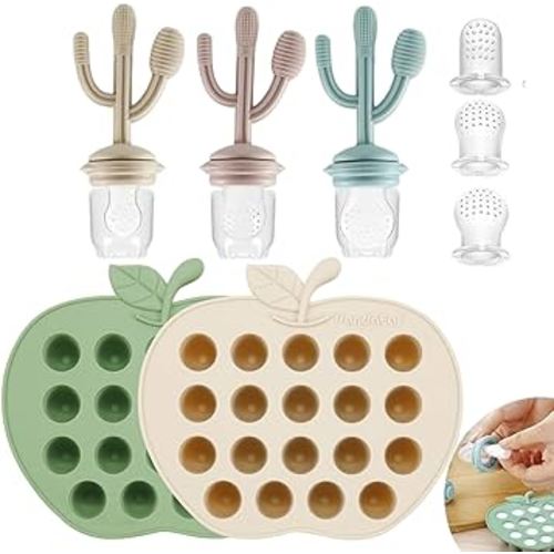 PandaEar 2 Pack Baby Breastmilk Popsicle Molds & 3 Pack Baby Fruit Food Feeder Pacifier, Baby Fruit Food Feeder Teether Tray Ice Cube Maker, Silicone Feeder Cactus Shape Teething Toy 3 Sizes Pouches