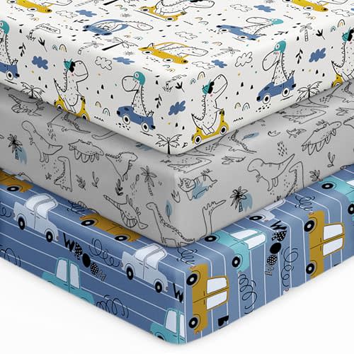 Unnivoll Baby Crib Sheets for Boys Girls, 28x52x8in Fitted Crib Sheet Neutral 3 Pack for Standard Crib and Toddler Mattress, Breathable Soft Microfiber Baby Sheet Grey & Blue Car