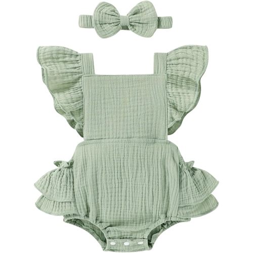 Happy Town Baby Girl Clothes Toddler Summer Linen Romper Sleeveless Ruffle Outfits Infant Girls Jumpsuit with Headband