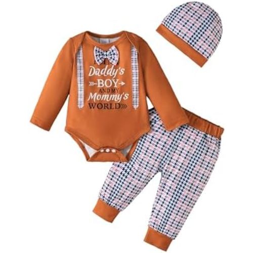 Baby Boy Clothes Infant Newborn Fall Winter Outfits Long Sleeve Letter Print Romper + Hat + Pants Set