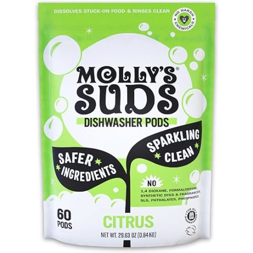 Molly's Suds Dishwasher Pods | Clean Dishwasher Detergent, Cuts Grease & Rinses Clean (Residue-Free) for Sparkling Dishes | 60 Auto-Release Tabs (Citrus)