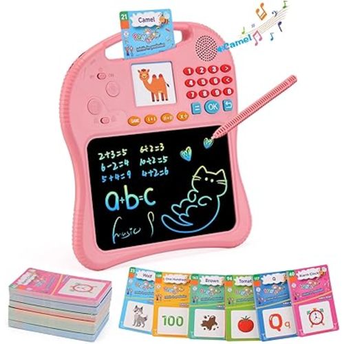 Kids Educational Learning Toys with Math Games,Talking Flash Cards and Writing Drawing Tablet, Speech Therapy Autism Sensory Toys Gifts for Toddler Preschool Activities Boys Girls Ages 3-10 (Pink)