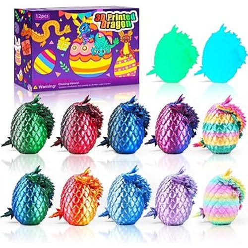 12PCS 3D Printed Dragon Eggs with Dragon Inside, Cool Stuff Fun Gifts, Mini Dragon Egg Set Articulated Crystal Dragon Fidget Toy for Adults Teens Boy Gifts Easter Basket Stuffers