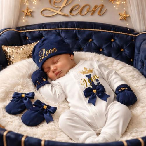 Newborn baby FULL SET is a sleepsuit hat mitts. EXTRAS Personalised add a Grey elephant or blanket or keepsake suitcase 2nd pic is original