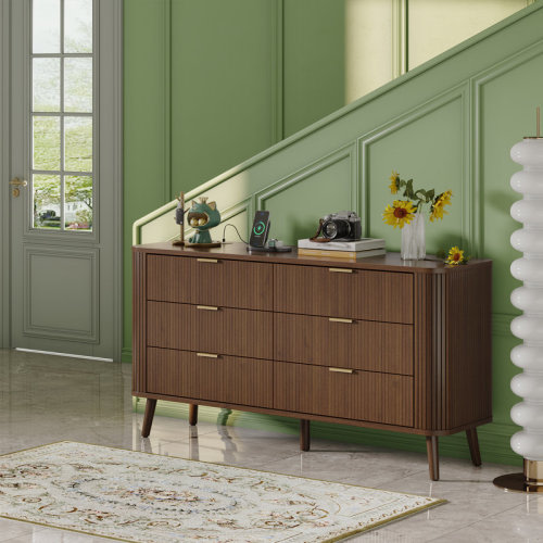 George Oliver 6 Drawer Dresser for Bedroom, Mid Century Modern Dressers, 57" Wide Wood Dresser TV Stand, Curved Profile Design for Closet, Bedroom Living Room, Hallway, Entryway, Home Office & Reviews | Wayfair