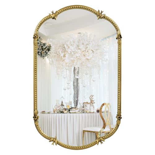 Fobule Gold Oval Wall Mirror, 19"x32" Metal Beaded Frame Decorative Mirror, Cute Flower Bird Pattern Vintage Scalloped Hanging Vanity Mirror for Bathroom, Living Room, Bedroom, Entryway