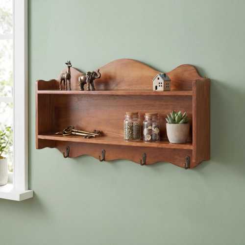 Solid Wood Wall Shelf Organizer with Hooks | Entryway Key Holder Storage Decor