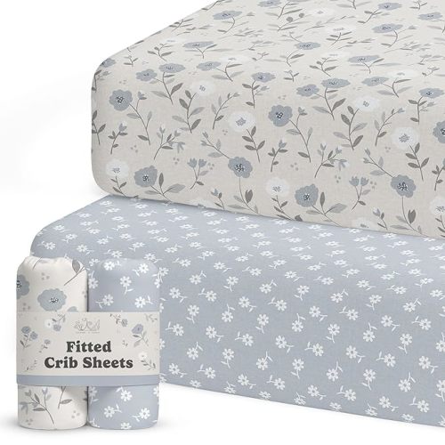 Crib Sheets for Boys & Girls – 2 Pack Fitted Baby Crib Sheets Neutral for Standard & Toddler Bed Mattress – Buttery Soft Organic Cotton Blend (Linnea Blue Floral)