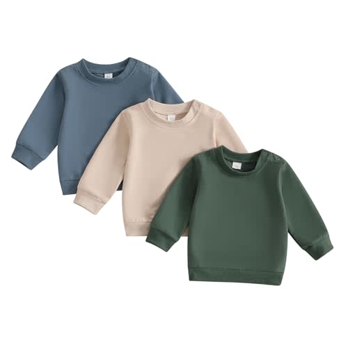 Tsseiatte 3 Pack Toddler Baby Boy Girl Long Sleeve Crewneck Pullover Sweatshirt Sweater Outfits Solid Color Casual Clothes