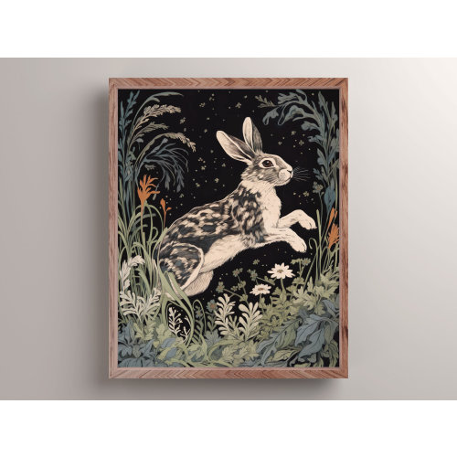 Mystical Jumping Rabbit in Meadow Art Print, Dark Cottagecore Wall Decor, Wild Hare Poster, Botanical Animal Wall Art, Rabbit Lover Gift