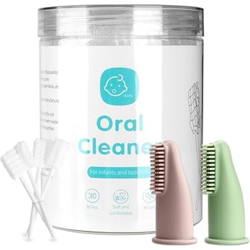 Baby Tongue Cleaner Toothbrush 30Pcs Disposable Infant Tooth Brush Clean Baby Mouth with 2Pcs Finger Toothbrush Oral Cleaning Stick Gauze Cleaner Stick Dental (Pink, 30 Piece Assortment)