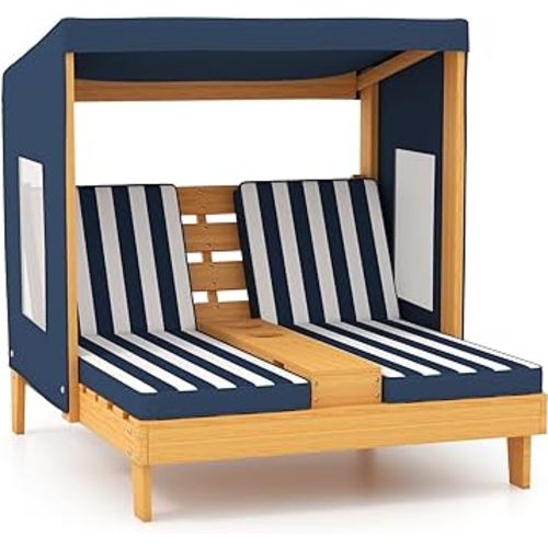 HONEY JOY Kids Chaise Lounge Chair Outdoor, Toddler Wood Double Pool Lounger Chairs w/Canopy, Cup Holders, Removable Stripped Fabric Cushions, 2-Person Kids Patio Furniture for Backyard (Navy Blue)