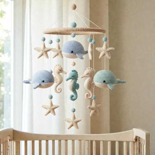Crochet Ocean Hanging Mobile, Handmade Sea Animal Fiber Art Decor, Whale Seahorse Star Yarn Display