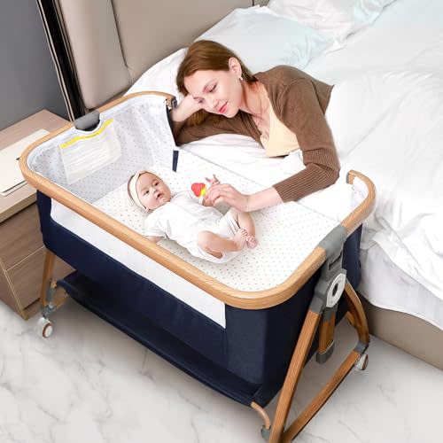 nujett Baby Bassinet Bedside Sleeper,3 in 1 Baby Bassinet,Breathable Mesh Rocking Bassinets with Comfy Mattress and Wheels,6 Height Adjustable Easy Assemble & Folding Portable Baby Cradle