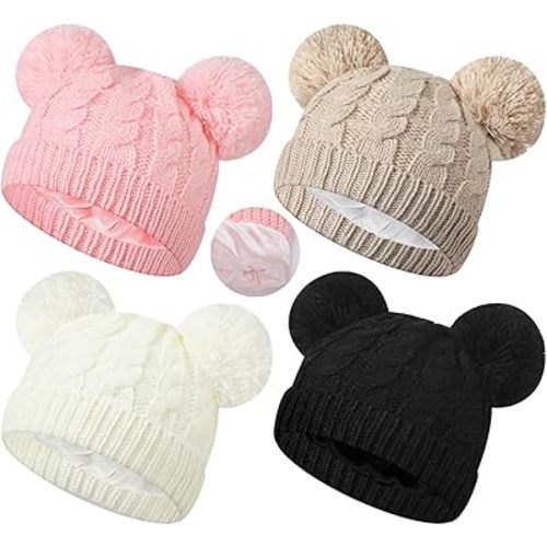 4 Pieces Baby Satin Lined Knit Beanies Newborn Winter Warm Caps Infant Knitted Hat with Pom Pom for Toddlers 0-6 Months Kids