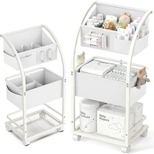 VBABY Diaper Caddy Organizer Cart, 3 Tier Rolling Storage Cart with Wheels, Bedside Cart for Baby Essentials Supplies, Diaper Cart for Nursery, White