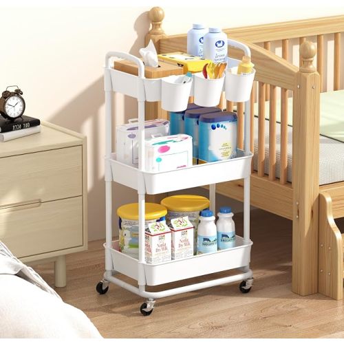 Baby Diaper Caddy, Locking Rolling Cart, White | Locking Wheels, Hanging Cups, Easy Rolling, For Baby Essentials, Fits Changing Table