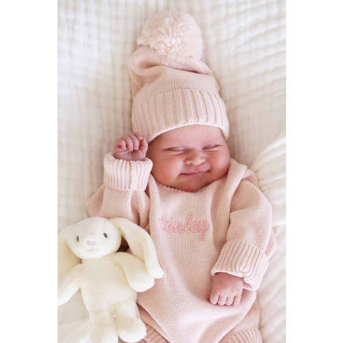Knit Baby Pom Pom Beanie in Tea Rose | Caden Lane