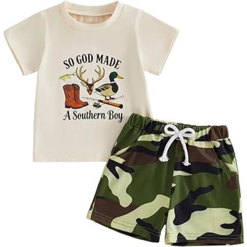 PUHHAPIEY Toddler Baby Boy Summer Clothes Retro Camo Hunting Shirts T-Shirt + Camouflage Shorts Set 6 12 18 24 Months 2T 3T