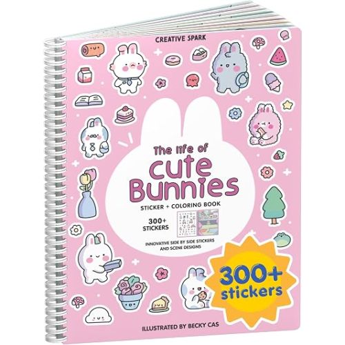 Life of Cute Bunnies 300+ Kids Sticker Book by Cupkin Toddler Airplane Travel Coloring Book, Easter Basket Stuffer, Road Trip Essentials, 8 Coloring Pages 8 Side by Side Scenes for Ages 2–8 Years
