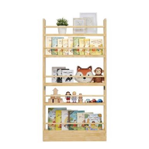5-Tier Behind-The-Door Bookshelf, Solid Wood Wall-Mount Storage Rack, Slim 4" Deep, Kids Bedroom & Living Room