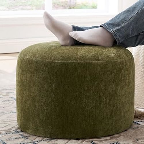 Upholstered Round Ottoman, Green Pouf Ottoman, Modern Footstool with Soft Padded Seat & Solid Wood Frame, Multifunctional Vanity Stool Accent Seat for Living Room and Bedroom, Chenille