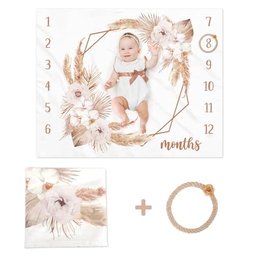 Gicoherero Boho Baby Milestone Monthly Blanket Season Floral Neutral Baby Nursery Growth Gender Reveal Present Photo Props Little Boy Girl Bohemian Blanket Expecting Mom Gift Idea