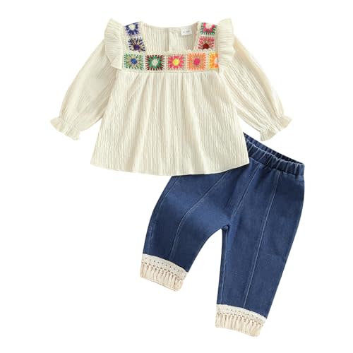 VISGOGO Baby Girl Outfit Crocheted Floral Top Linen 12 18 24M 2T 3T 4T Todder Clothes Tops + Denim Pants Set