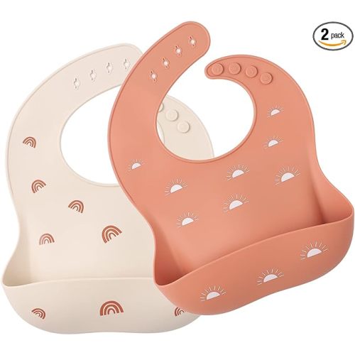 ROCCED Baby Silicone Bibs 2 Sets Baby Bibs with Food Catcher for Girls Boys Toddlers BPA Free Waterproof Soft Durable Adjustable Silicone Bibs for Babies-Shifting Sand/Pale Mauve
