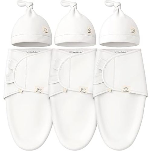 KeaBabies 3-Pack Swaddles for Newborns, Girls, Boys with Hats - Organic Soft Baby Sleep Sacks, Breathable Baby Swaddle 3-6 Months Beanies Set, Premie Infant Sleep Sack 0-3 Months (Soft White)
