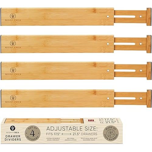 Night Tree Expandable Bamboo Drawer Dividers – Spring-Loaded Wooden Organizers for Clothes, Kitchen Utensils, Bathroom, and Dresser Drawers (18" to 20")