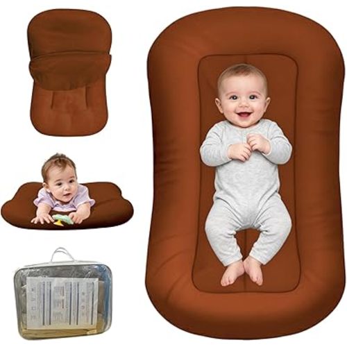 Baby Lounger for Newborn, Bionic Design Baby Lounger, Soft Organic Cotton Breathable Lounger for Infants 0-18 Months (Brown)