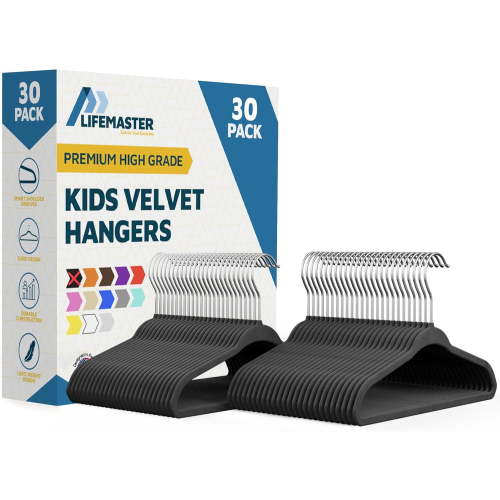 Lifemaster Velvet Kids Hangers, 30-Pack Non-Slip Baby & Toddler Clothes Hangers, Slim Space-Saving with Swivel Hook, Black