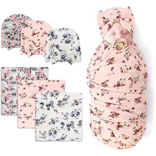 DRESHOW BQUBO Newborn Floral Receiving Blankets Newborn Baby Swaddling Hats Sleepsack Toddler Warm Shower Gift 3 Pack