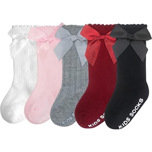 Baby Knee High Socks Girl Non Slip Toddler Stockings Cotton Bow Ruffle Newborn Long Socks Infant Dress Sock 0-6M/6-12M/1-3Y