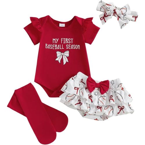 My First Baseball Season Baby Girl Outfit Newborn Ruffle Short Sleeve Romper Layered Tutu Skirt Headband Socks Sets
