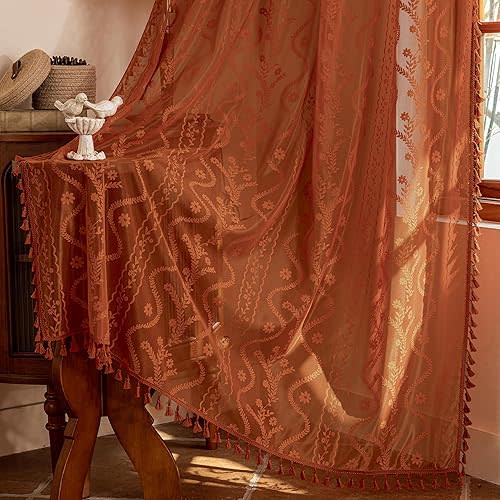 Orange Sheer Curtains 63 Inch 2 Panel- Farmhouse Boho Lace Drapes with Floral Leaf Pattern, Rod Pocket Western Autumn Light Filtering Semi-Sheer for for Bedroom,Living Room (Set of 2, W52 xL63)