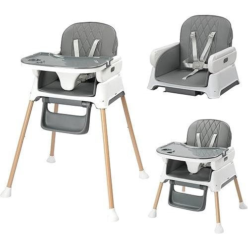 JOYMOR 5 in 1 Baby High Chair for Babies and Toddlers, Portable Highchair Fold Compact, ConvertibleBaby Feeding Chair Booster for Eating with Detachable Double Tray, 5 Point Harness (Gray)