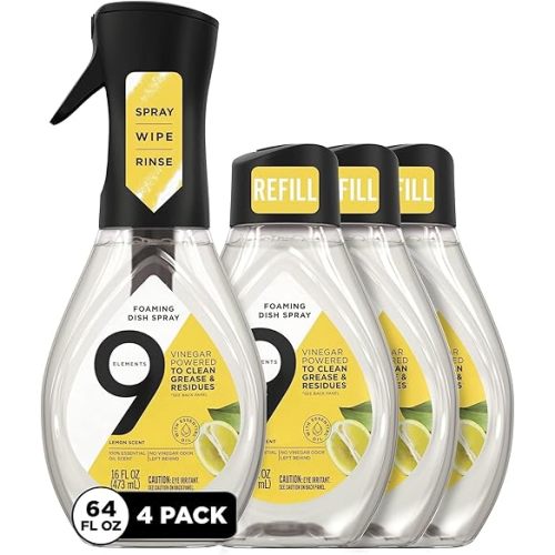 9 Elements Natural Dish Soap, Dishwashing Liquid with Lemon Essential Oils, Made with the Power of Vinegar, 1 Dish Spray Starter Kit & 3 Refills (64 oz Total)