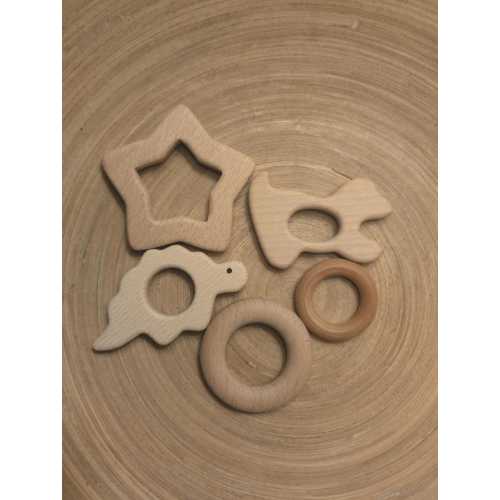 Organic beech and maple wood teether Wooden Teething Animals/shapes/ Eco Toy/baby gift/ dog star dinosaur 2.4" ring 1 3/4" ring