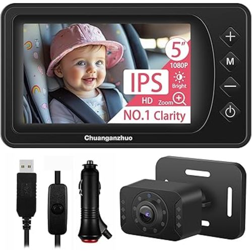 Baby Car Camera USB with No.1 Clarity, 5'' HD 1080P IPS Baby Car Monitor with 3X Zoom, Backseat/Carseat/Rear Seat Camera with Ultra Night Vision, Easy No-Damage Install, S100P(5inch Black)