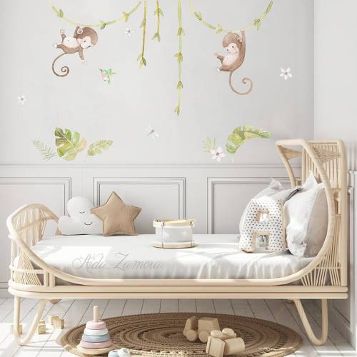 PREMIUM Fabric Wall Decal, MONKEYS, Nursery wall decal, Watercolor decal, Nursery sticker, Jungle animals wall decal, Aida Zamora
