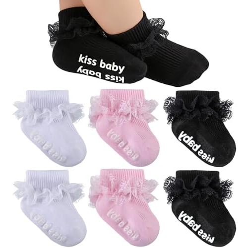 Baby Girl Ruffle Socks with Grips Turn Cuff Ankle Lace Frilly Dress Socks for Newborn/Infant/Toddler/Little Kids