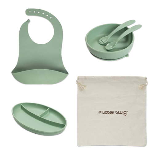 Little Twig 6-Pc Unbreakable Silicone Baby Feeding Set Kids Dinnerware Set, Green